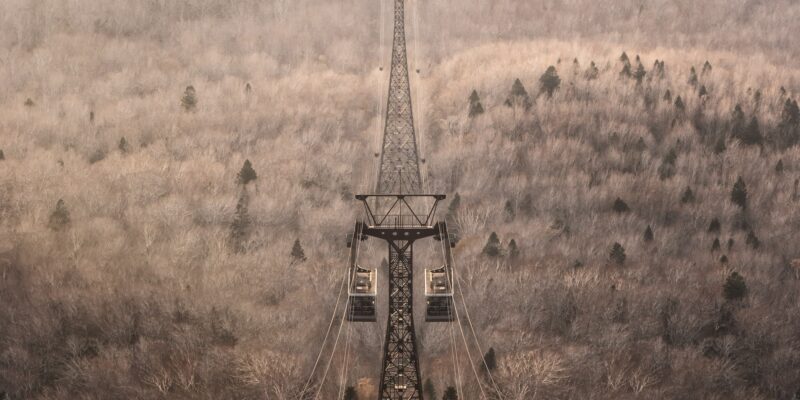 Landscape scene of mount Hakkoda and ropeway in autumn season, Aomori, Tohoku region, Japan.
